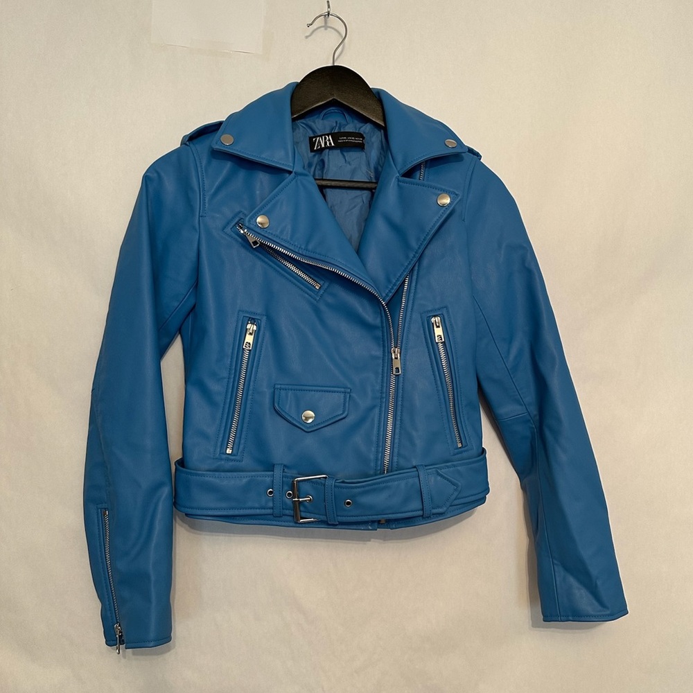 ZARA Faux Leather Blue Moto Jacket XS Biker Blogger Favorite TikTok Style - Picture 6 of 15